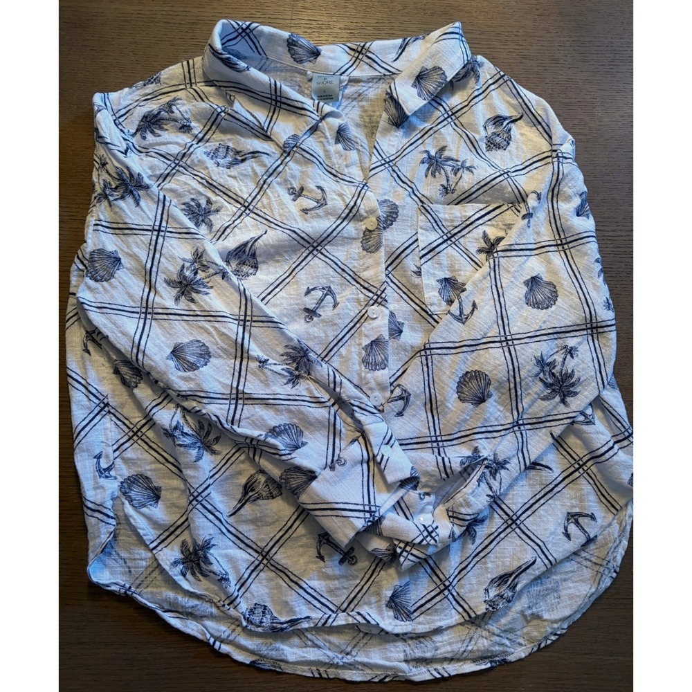 Shade & Shore Womens Anchor Seashell Print Button Down Shirt White Blue L